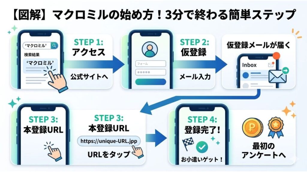 マクロミルの始め方を4ステップで解説する図解イラスト。