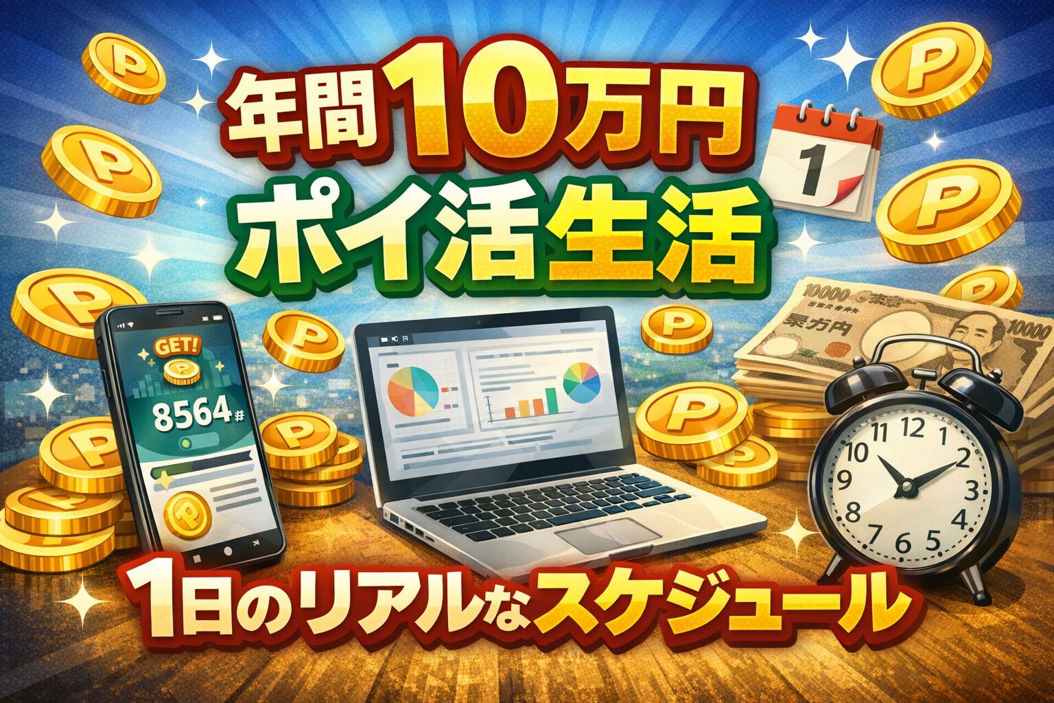 年間10万円を達成したポイ活生活の1日のリアルなスケジュールをイメージしたアイキャッチ画像