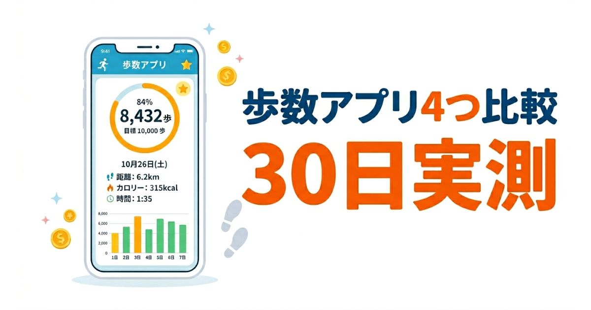 歩数アプリ4つ比較30日検証結果を解説したアイキャッチ画像