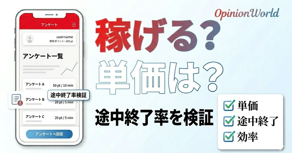 OpinionWorld（オピニオンワールド）の単価や途中終了率を検証したアイキャッチ画像