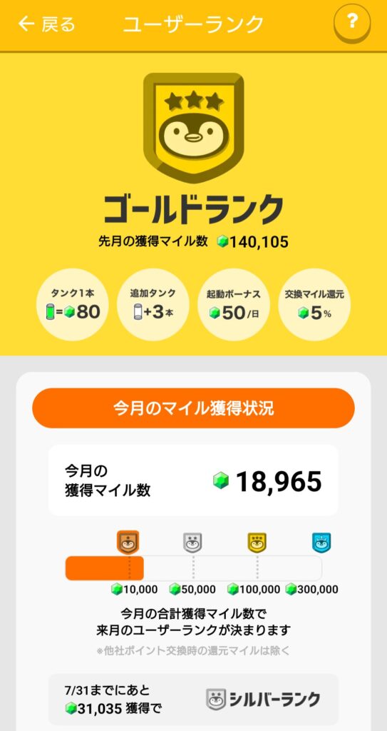 ゴールドランク画面のスクリーンショット