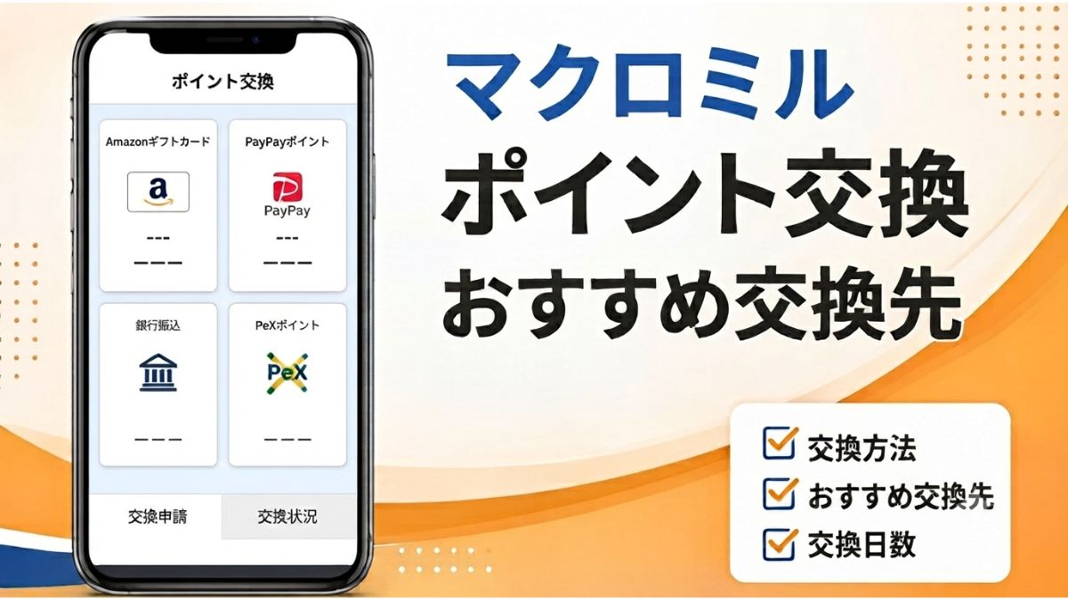 マクロミルのポイント交換方法やおすすめ交換先、交換日数を解説した記事のアイキャッチ画像