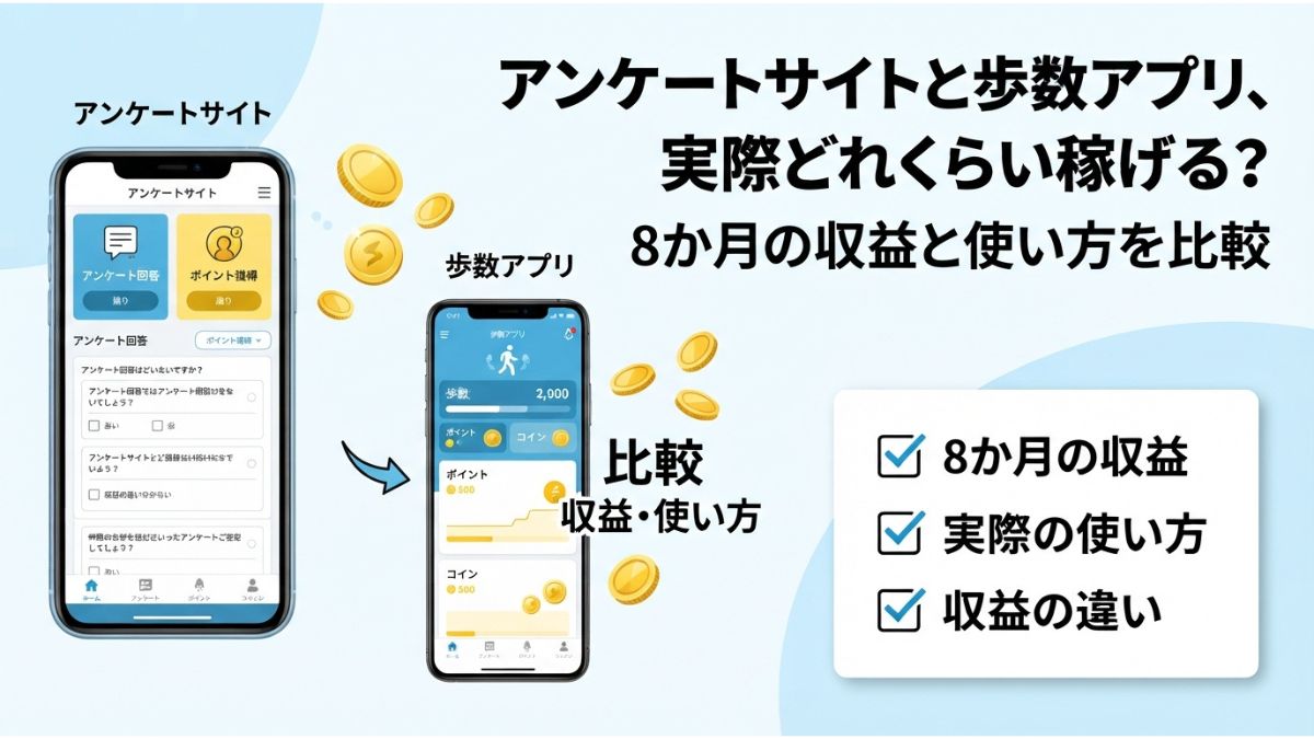 アンケートサイトと歩数アプリの8か月の収益と使い方を比較